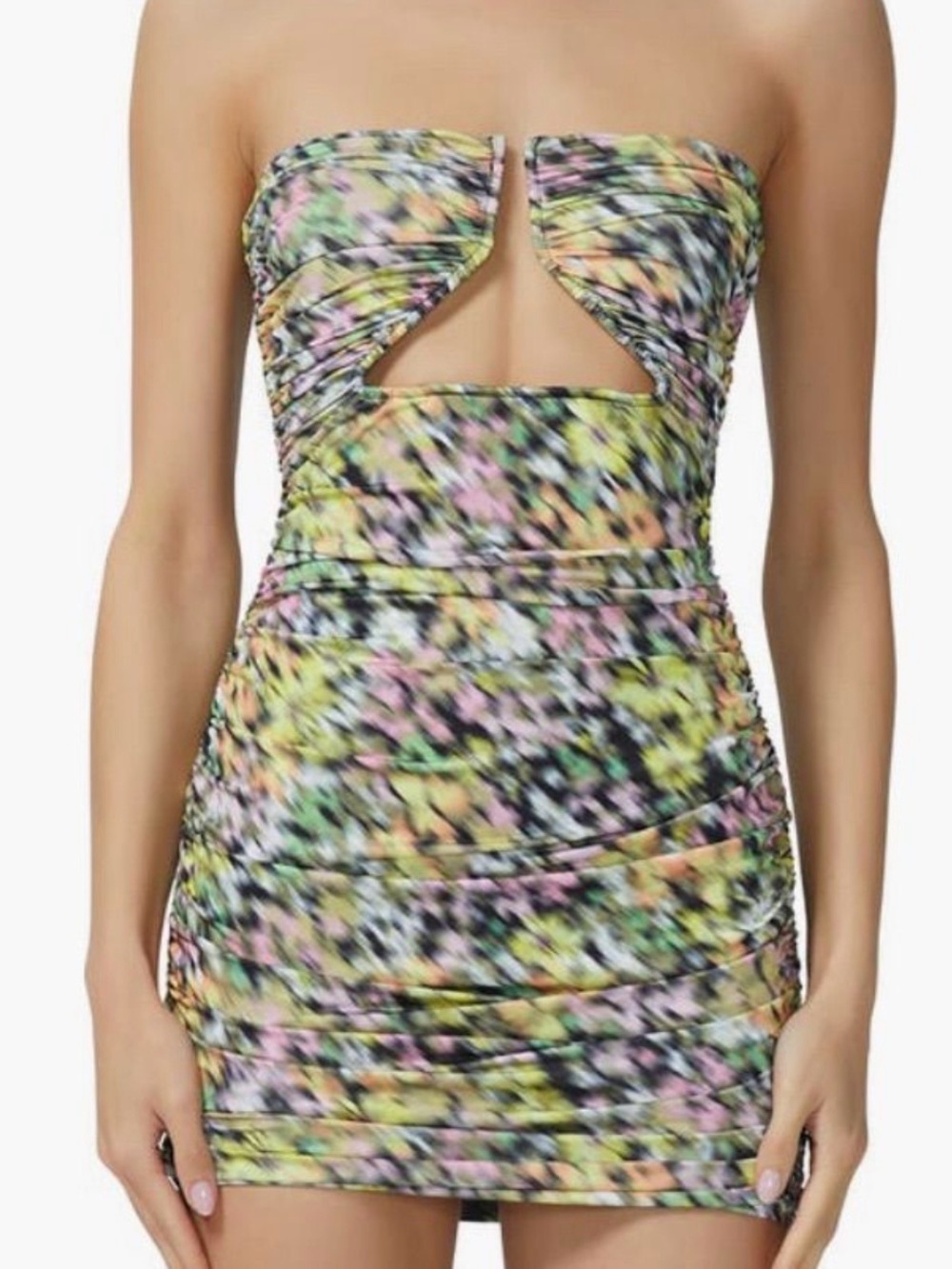 NWOT-AFRM Verena Strapless Ruched Cutout Mini Dress-Multicolor Blur Floral-Lg